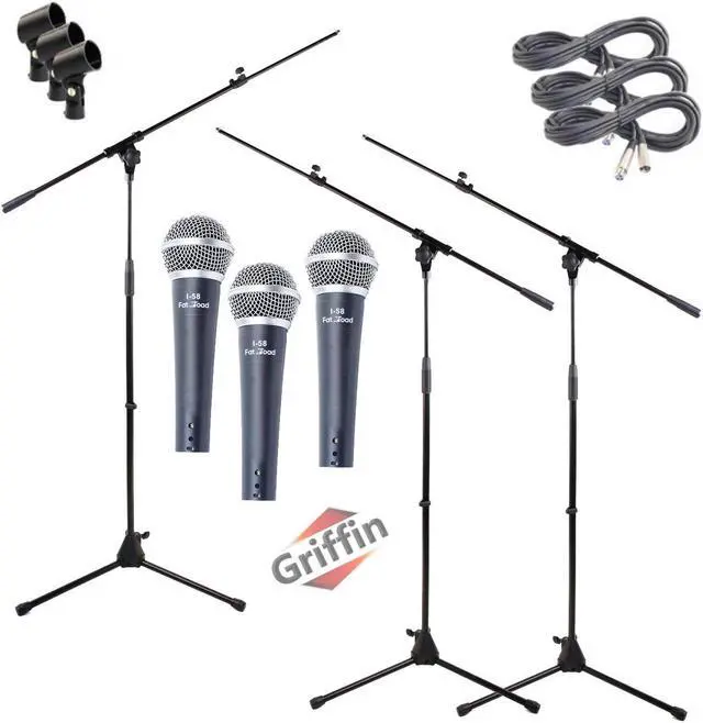 Main image of GRIFFIN Microphone Boom Stand & Cardioid Wired Mic, XLR Cable, & Clip (Pack of 3) | Telescoping Arm Holder, Tripod Legs | Karaoke Vocal Singing Microphone | Home Recording Studio Streaming Accessories