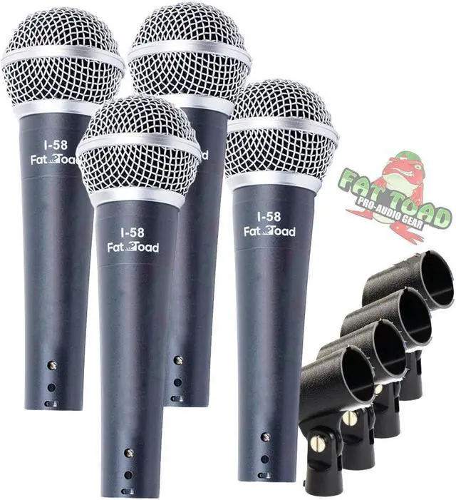 Main image of Cardioid Microphones with Clips (4 Pack) by FAT TOAD | Vocal Handheld, Wired Unidirectional Mic | Singing Microphone Designed for Music Stage Performances & Streaming Studio Recording or PA DJ Karaoke