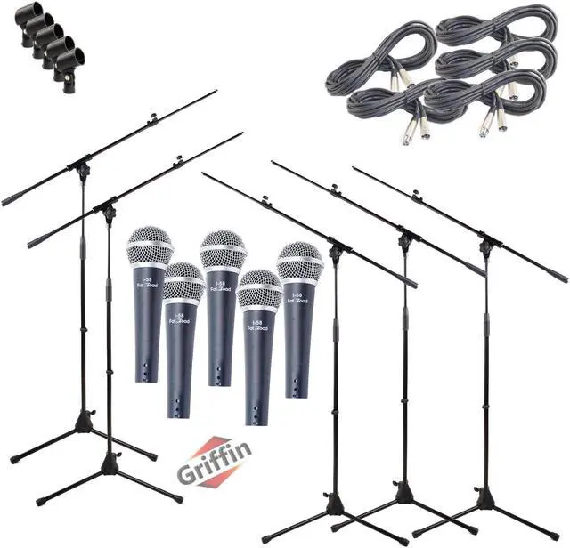 Main image of GRIFFIN Microphone Stand Package of 5 with Vocal Unidirectional Mics & XLR Cables | Handheld Cardioid Dynamic Microphones for Home Studio Recording, DJ Live Streaming & Stage Singing | 20FT XLR Cords