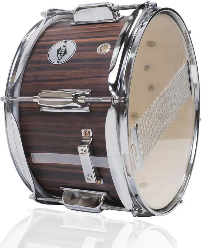 Alt view image 2 of 7 - GRIFFIN Firecracker Snare Drum | Acoustic Popcorn 10" x 6" Poplar Mini Wood Shell & Black Hickory PVC | Concert Marching Percussion Musical Instrument with Deluxe Snare Throw Off, Drummers Key & Head