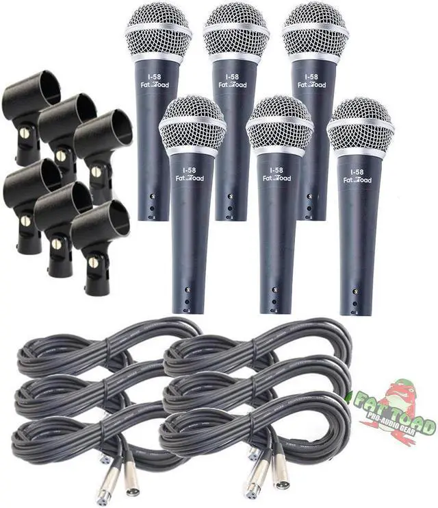 Main image of Cardioid Vocal Microphones with XLR Mic Cables & Clips (6 Pack) by FAT TOAD | Dynamic Handheld, Unidirectional for Studio Recording, Live Stage Singing, DJ, Karaoke | Pro Audio Wire 20ft Mic Cords