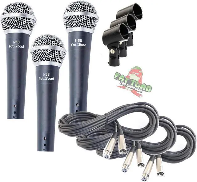 Main image of Dynamic Vocal Microphones with XLR Mic Cables & Clips (3 Pack) by FAT TOAD | Cardioid Handheld, Unidirectional for Home Music Studio Recording, Live Stage Singing, DJ Karaoke | Pro Audio 20ft Mic Cord