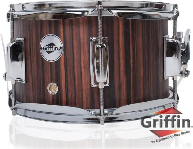 Main image of GRIFFIN Firecracker Snare Drum | Acoustic Popcorn 10" x 6" Poplar Mini Wood Shell & Black Hickory PVC | Concert Marching Percussion Musical Instrument with Deluxe Snare Throw Off, Drummers Key & Head
