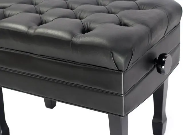 Alt view image 2 of 7 - Genuine Leather Adjustable Piano Bench by GRIFFIN | Black Solid Wood Vintage Style & Heavy-Duty Ergonomic Keyboard Stool | Cushion Seat With Storage Space | Home Vanity Bench or Musicians Guitar Chair