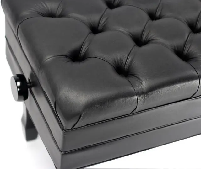 Alt view image 3 of 7 - Genuine Leather Adjustable Piano Bench by GRIFFIN | Black Solid Wood Vintage Style & Heavy-Duty Ergonomic Keyboard Stool | Cushion Seat With Storage Space | Home Vanity Bench or Musicians Guitar Chair