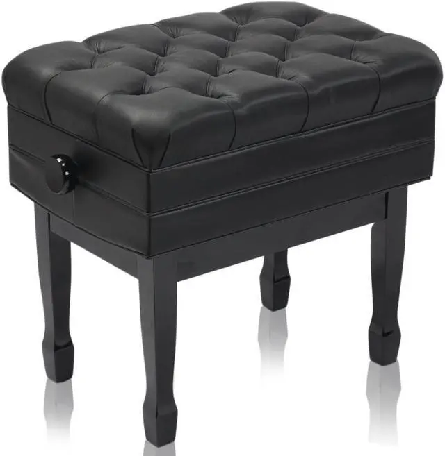 Alt view image 6 of 7 - Genuine Leather Adjustable Piano Bench by GRIFFIN | Black Solid Wood Vintage Style & Heavy-Duty Ergonomic Keyboard Stool | Cushion Seat With Storage Space | Home Vanity Bench or Musicians Guitar Chair