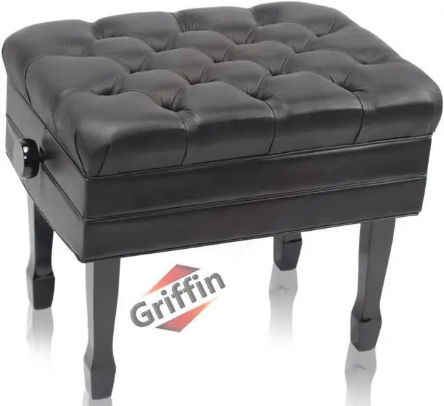 Main image of Genuine Leather Adjustable Piano Bench by GRIFFIN | Black Solid Wood Vintage Style & Heavy-Duty Ergonomic Keyboard Stool | Cushion Seat With Storage Space | Home Vanity Bench or Musicians Guitar Chair