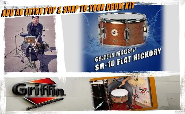 Alt view image 4 of 7 - Popcorn Snare Drum by GRIFFIN | Soprano Firecracker 10" x 6" Poplar Wood Shell with Hickory PVC | Concert Percussion Musical Instrument with Drummers Kit Key & Deluxe Snare Strainer Throw Off Set
