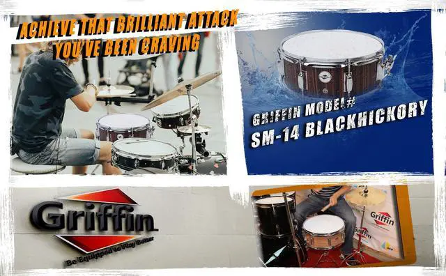 Alt view image 6 of 7 - Snare Drum by GRIFFIN | 14" x 5.5"  Black Hickory PVC & Coated Head on Poplar Wood Shell | Acoustic Marching Percussion Instrument Set, Drummers Key, 8 Metal Tuning Lugs & Snare Strainer Throw Off Kit