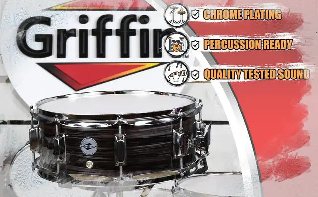 Alt view image 7 of 7 - Deluxe Snare Drum by GRIFFIN | 14" x 5.5" Poplar Wood Shell with Zebra PVC Glossy Finish | Percussion Musical Instrument with Drummers Key for Students & Professionals | 8 Tuning Lugs & Snare Strainer
