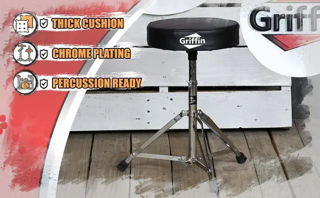 Alt view image 7 of 8 - Drum Throne Stand by GRIFFIN | Padded Drummer�s Seat | Comfortable Drum Set Percussion Chair for Adults | Professional Musicians Guitar Stool Double Braced Hardware for Practice with Adjustable Height