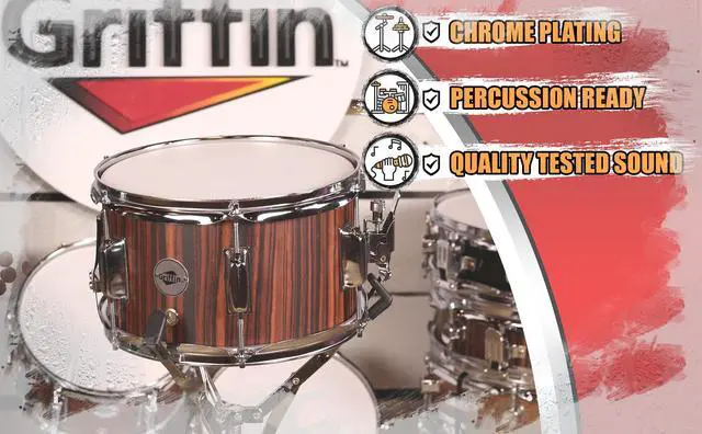 Alt view image 5 of 7 - GRIFFIN Firecracker Snare Drum | Acoustic Popcorn 10" x 6" Poplar Mini Wood Shell & Black Hickory PVC | Concert Marching Percussion Musical Instrument with Deluxe Snare Throw Off, Drummers Key & Head