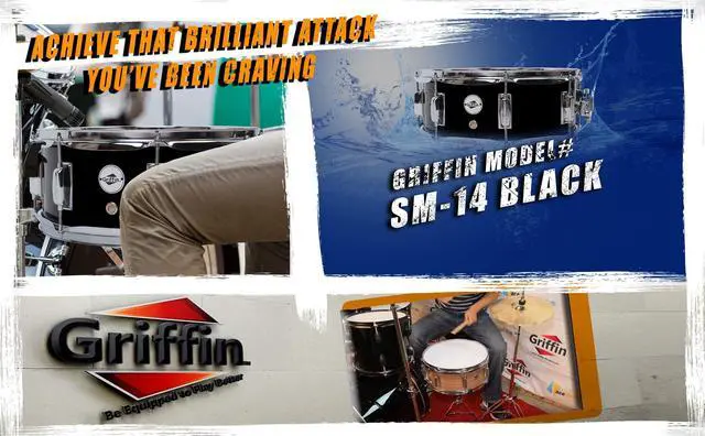 Alt view image 7 of 7 - GRIFFIN Snare Drum | Poplar Wood Shell 14" x 5.5" with Black PVC & Coated Head | Acoustic Marching Percussion Musical Instrument Set with Drummers Key, 8 Metal Tuning Lugs & Snare Strainer Throw Off