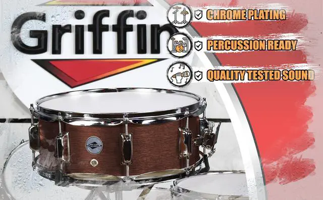 Alt view image 6 of 7 - GRIFFIN Snare Drum | Poplar Wood Shell 14" x 5.5" with Flat Hickory PVC | 8 Metal Tuning Lugs & Snare Strainer Throw Off | Percussion Instrument with Drummers Key, Coated Head | Marching Kit Set