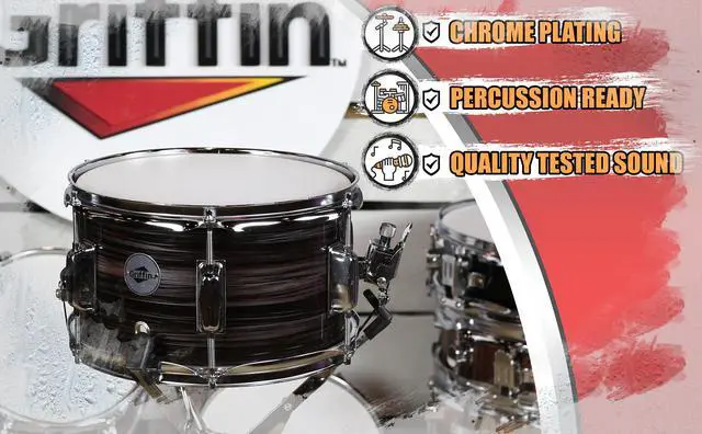 Alt view image 5 of 7 - Popcorn Snare Drum by GRIFFIN | Firecracker Acoustic 10" x 6" Poplar Shell with Zebra Wood PVC | Soprano Mini Concert Marching Percussion Musical Instrument with Snare Throw Off, Drummers Key & Head