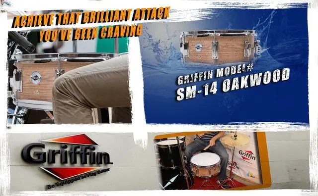 Alt view image 5 of 6 - Oak Wood Snare Drum by GRIFFIN | PVC on Poplar Wood Shell 14" x 5.5" | Percussion Musical Instrument with Drummers Key for Students & Professionals|8 Tuning Lugs & Deluxe Snare Strainer