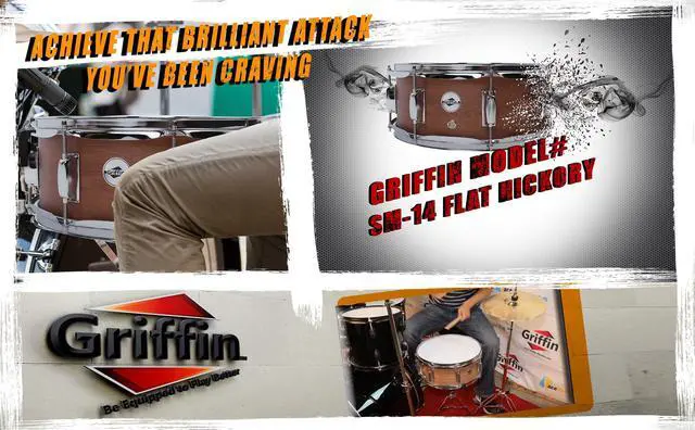 Alt view image 5 of 7 - GRIFFIN Snare Drum | Poplar Wood Shell 14" x 5.5" with Flat Hickory PVC | 8 Metal Tuning Lugs & Snare Strainer Throw Off | Percussion Instrument with Drummers Key, Coated Head | Marching Kit Set