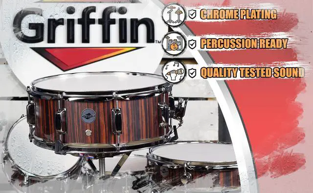 Alt view image 7 of 7 - Snare Drum by GRIFFIN | 14" x 5.5"  Black Hickory PVC & Coated Head on Poplar Wood Shell | Acoustic Marching Percussion Instrument Set, Drummers Key, 8 Metal Tuning Lugs & Snare Strainer Throw Off Kit