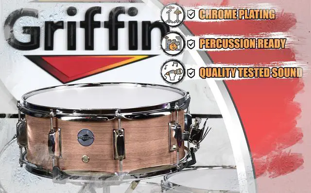 Alt view image 6 of 6 - Oak Wood Snare Drum by GRIFFIN | PVC on Poplar Wood Shell 14" x 5.5" | Percussion Musical Instrument with Drummers Key for Students & Professionals|8 Tuning Lugs & Deluxe Snare Strainer
