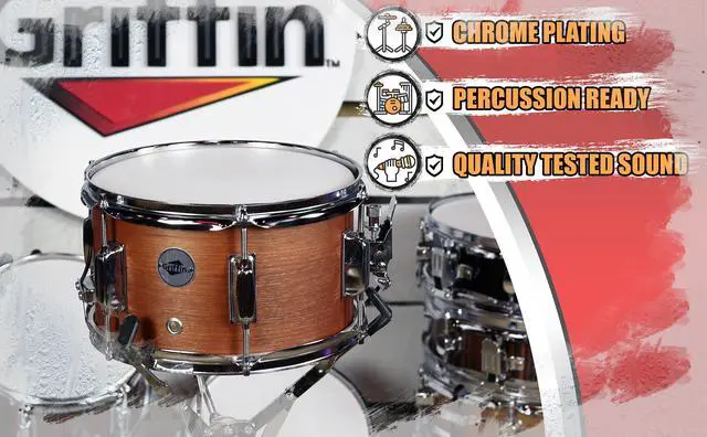 Alt view image 5 of 7 - Popcorn Snare Drum by GRIFFIN | Soprano Firecracker 10" x 6" Poplar Wood Shell with Hickory PVC | Concert Percussion Musical Instrument with Drummers Kit Key & Deluxe Snare Strainer Throw Off Set