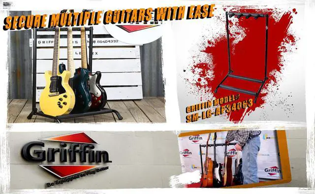 Alt view image 8 of 8 - Three Guitar Rack Stand by GRIFFIN | Floor Storage Holder for Multiple Guitars | Neck Mount Support For Electric, Acoustic Bass, Accessories | Recording Studios, Schools, Stage Performers, Wall Hanger