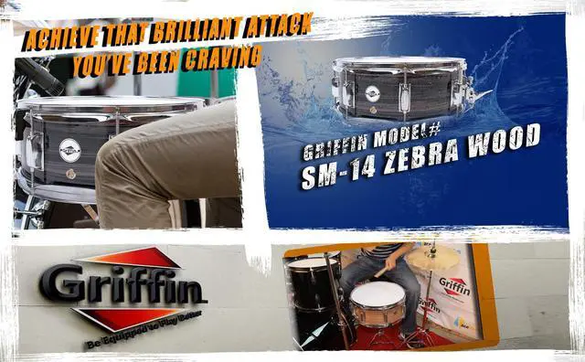 Alt view image 6 of 7 - Deluxe Snare Drum by GRIFFIN | 14" x 5.5" Poplar Wood Shell with Zebra PVC Glossy Finish | Percussion Musical Instrument with Drummers Key for Students & Professionals | 8 Tuning Lugs & Snare Strainer