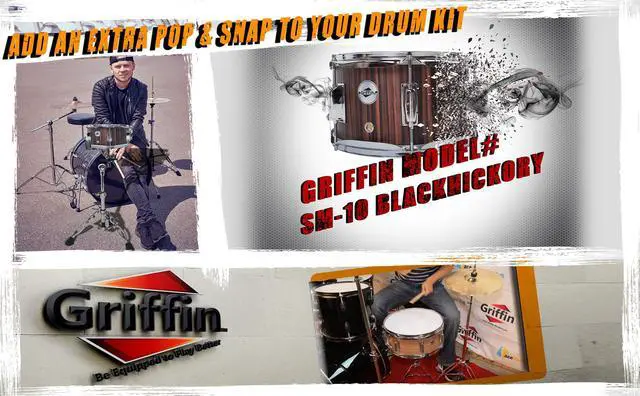 Alt view image 4 of 7 - GRIFFIN Firecracker Snare Drum | Acoustic Popcorn 10" x 6" Poplar Mini Wood Shell & Black Hickory PVC | Concert Marching Percussion Musical Instrument with Deluxe Snare Throw Off, Drummers Key & Head