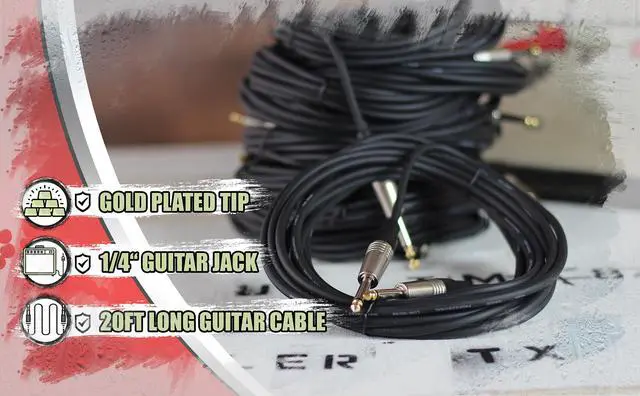 Alt view image 6 of 7 - Guitar Cables (10 Pack) Instrument Cord by FAT TOAD | 20 AWG Patch Conductor for Electric Guitar, Bass, Amplifier, Speaker, Keyboard & Recording Studio | Shielded 20FT 1/4 Inch Gold Straight-End Wires