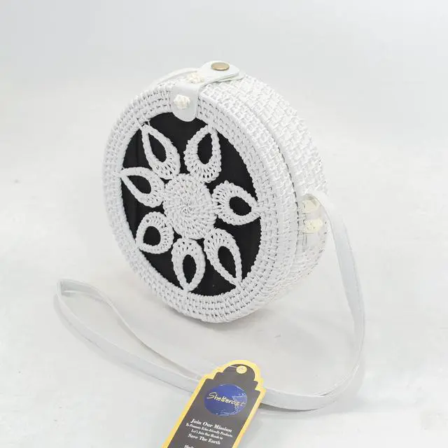 Main image of Rattan bag white color with brown faux leather strap