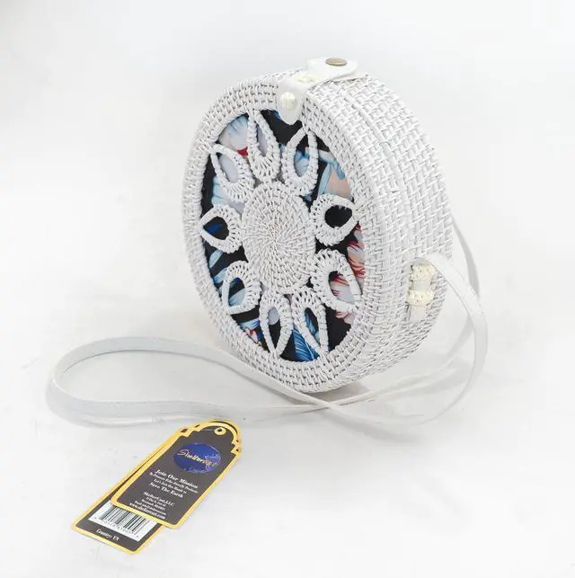Alt view image 2 of 3 - Rattan bag white color with brown faux leather strap