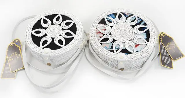 Alt view image 3 of 3 - Rattan bag white color with brown faux leather strap