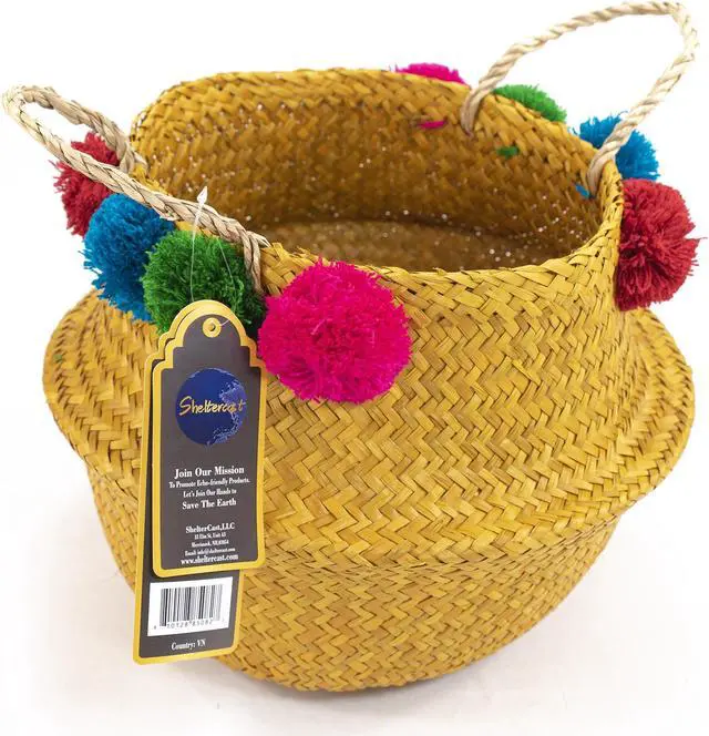 Main image of ShelterCast Dyed Seagrass Belly Basket with 8 Pompoms And Handle