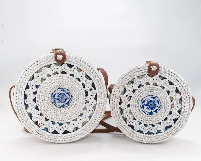 Alt view image 4 of 4 - Round Rattan bag Women's shoulder bags beach bags Small White