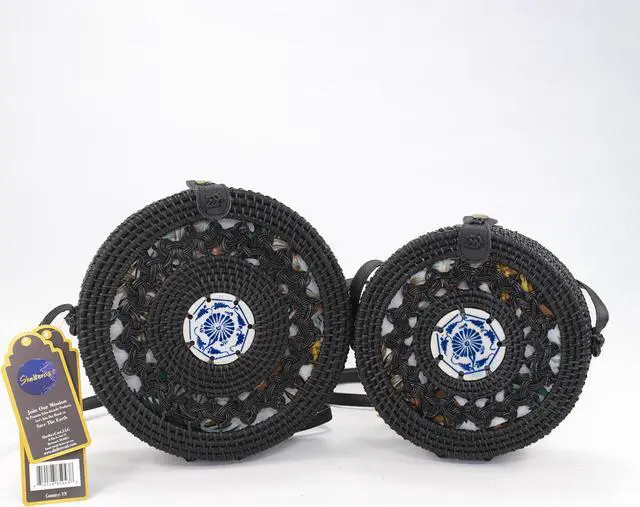 Alt view image 3 of 4 - Round Rattan bag Women's shoulder bags beach bags Small Black