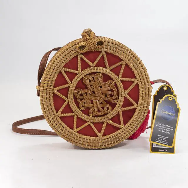 Main image of Handwoven Round rattan bag for Women Shoulder bags with tassels and leather strap