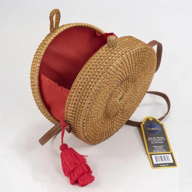 Alt view image 2 of 4 - Handwoven Round rattan bag for Women Shoulder bags with tassels and leather strap