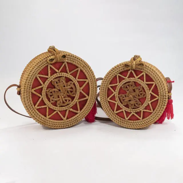 Alt view image 4 of 4 - Handwoven Round rattan bag for Women Shoulder bags with tassels and leather strap
