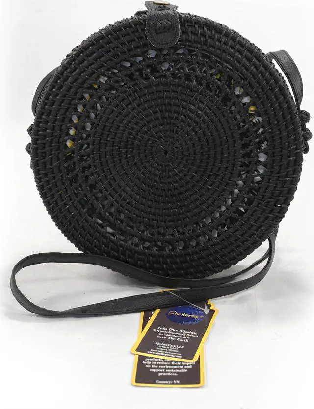 Main image of ShelterCast Boho Circle: Handcrafted Round Rattan Bag for Effortless Style (Black (Medium))