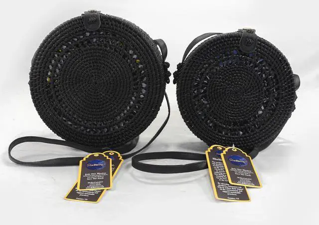 Alt view image 3 of 3 - ShelterCast Boho Circle: Handcrafted Round Rattan Bag for Effortless Style (Black (Medium))