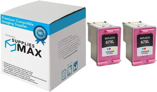 Main image of SuppliesMAX Remanufactured Replacement for HP DeskJet 1255/Deskjet 2700/Deskjet 4100/ENVY 6000/ENVY 6400 Series Tri-Color High Yield Inkjet (2/PK-200 Page Yield) (NO. 67XL) (3YM58AN_2PK)