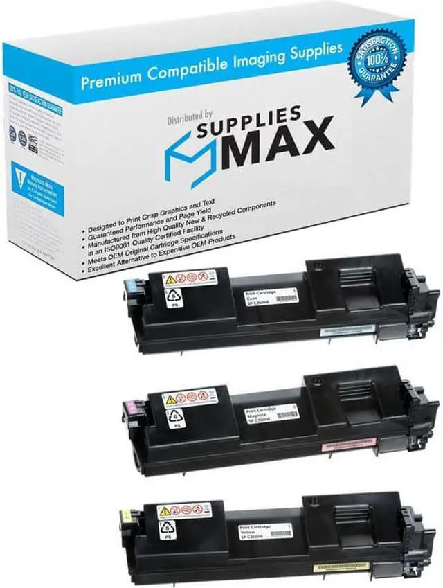 Main image of SuppliesMAX Compatible Replacement for Gestetner Corp SP-C360DNW/SP-C360SFNW/SP-C360SNW/SP-C361SFNW Toner Cartridge Combo Pack (C/M/Y) (TYPE SP-C360HA) (40818CMY)