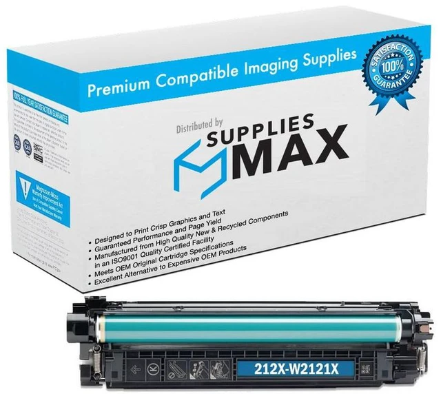 Main image of SuppliesMAX Compatible Replacement for HP Color Laser Jet Enterprise M554dn/M555dn/M555x/Flow MFP-M578dn/MFP-M578f Cyan High Yield Toner Cartridge (10000 Page Yield) (NO. 212X) (W2121X)
