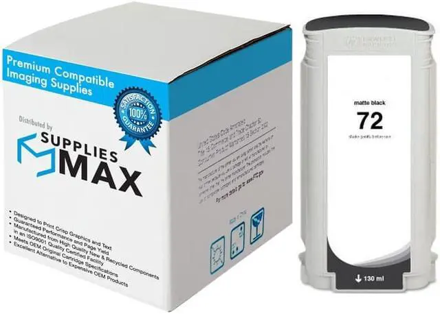Main image of SuppliesMAX Remanufactured Replacement for HP DesignJet T610/T620/T770/T790/T795/T1100/T1120/T1200/T1300/T2300 Matte Black High Yield Wide Fomat Inkjet (130 ML) (NO. 72) (C9403A)