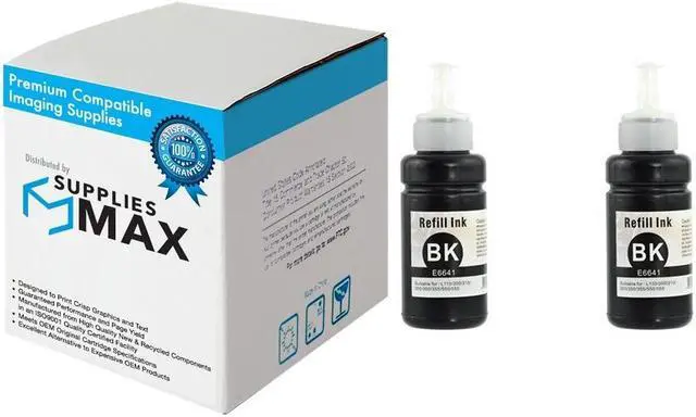 Main image of SuppliesMAX Compatible Replacement for Eco-Tank L100/L200/L300/L550/ET-2500/ET-2600/ET-3600/ET-4500/ET-16500 Black Dye Ink Bottle (2/PK-70ML-4000 Page Yield) (NO. 664) (T664120-D2)