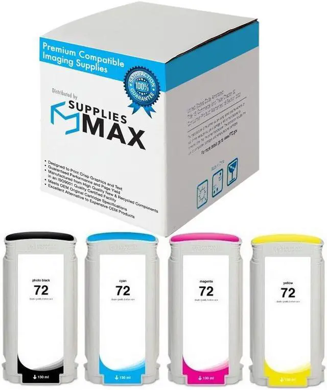 Main image of SuppliesMAX Remanufactured Replacement for HP DesignJet T610/T620/T770/T790/T795/T1100/T1120/T1200/T1300/T2300 Wide Fomat Inkjet Combo Pack (PBK/C/M/Y) (130 ML) (NO. 72) (C937PBMP)