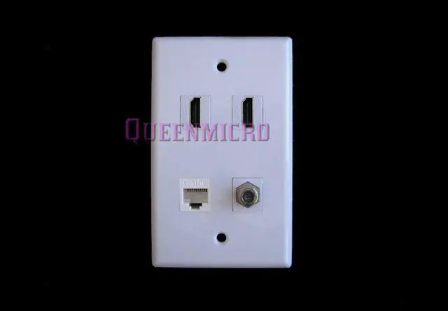 Main image of 1-Gang 2 HDMI 4K HD CAT5e RJ45 Ethernet F Coaxial Cable Port Coupler Wall Plate