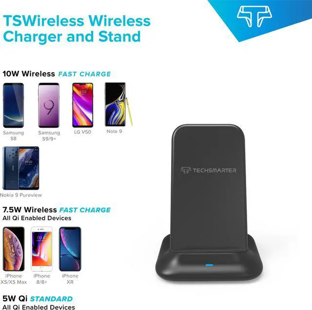 Alt view image 3 of 8 - Techsmarter Fast Charging Wireless Charger Stand Dock, Qi Certified. Compatible with Apple iPhone 8,X,XR,XS,11 Samsung Galaxy S7,S8,S9,S10, Note 8,9,10, LG ThinQ V30, V35, V40, G6, G7,G8