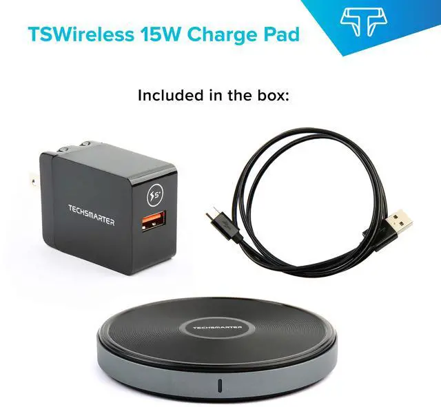 Alt view image 8 of 8 - Techsmarter 15W Fast Charging Wireless Charger Pad, Qi Certified. Compatible with Apple iPhone 13, 12, 11, X, XR, XS, 8 Samsung Galaxy S21, S20, S10, S9, Note, LG V30, V35, V40, G7,G8