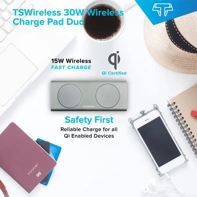 Alt view image 6 of 7 - Techsmarter 15W Fast Charging Dual Wireless Charger Pad For iPhone 15, 14, 13, 12, 11, XS, XR, X Samsung Galaxy S23, S22, S21, S20, S10, AirPods, Note, LG ThinQ