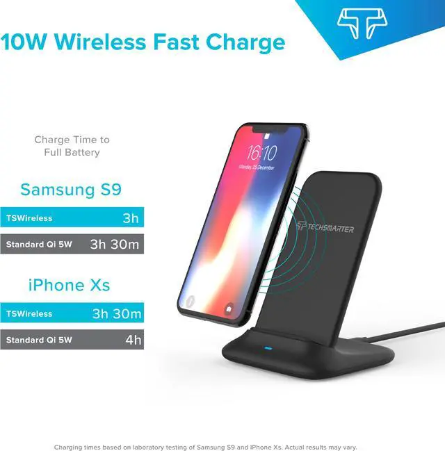 Alt view image 4 of 8 - Techsmarter Fast Charging Wireless Charger Stand Dock, Qi Certified. Compatible with Apple iPhone 8,X,XR,XS,11 Samsung Galaxy S7,S8,S9,S10, Note 8,9,10, LG ThinQ V30, V35, V40, G6, G7,G8